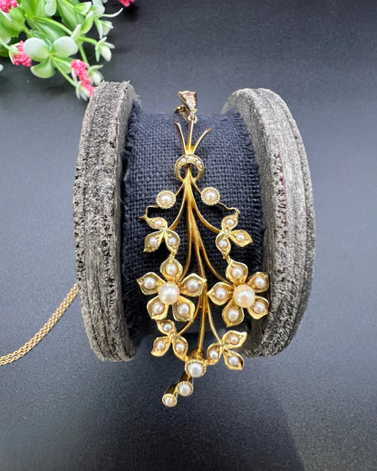 Antique 15 Carat Yellow Gold Pearl and Diamond Flower Spray Bouquet Pendant, Circa 1900
