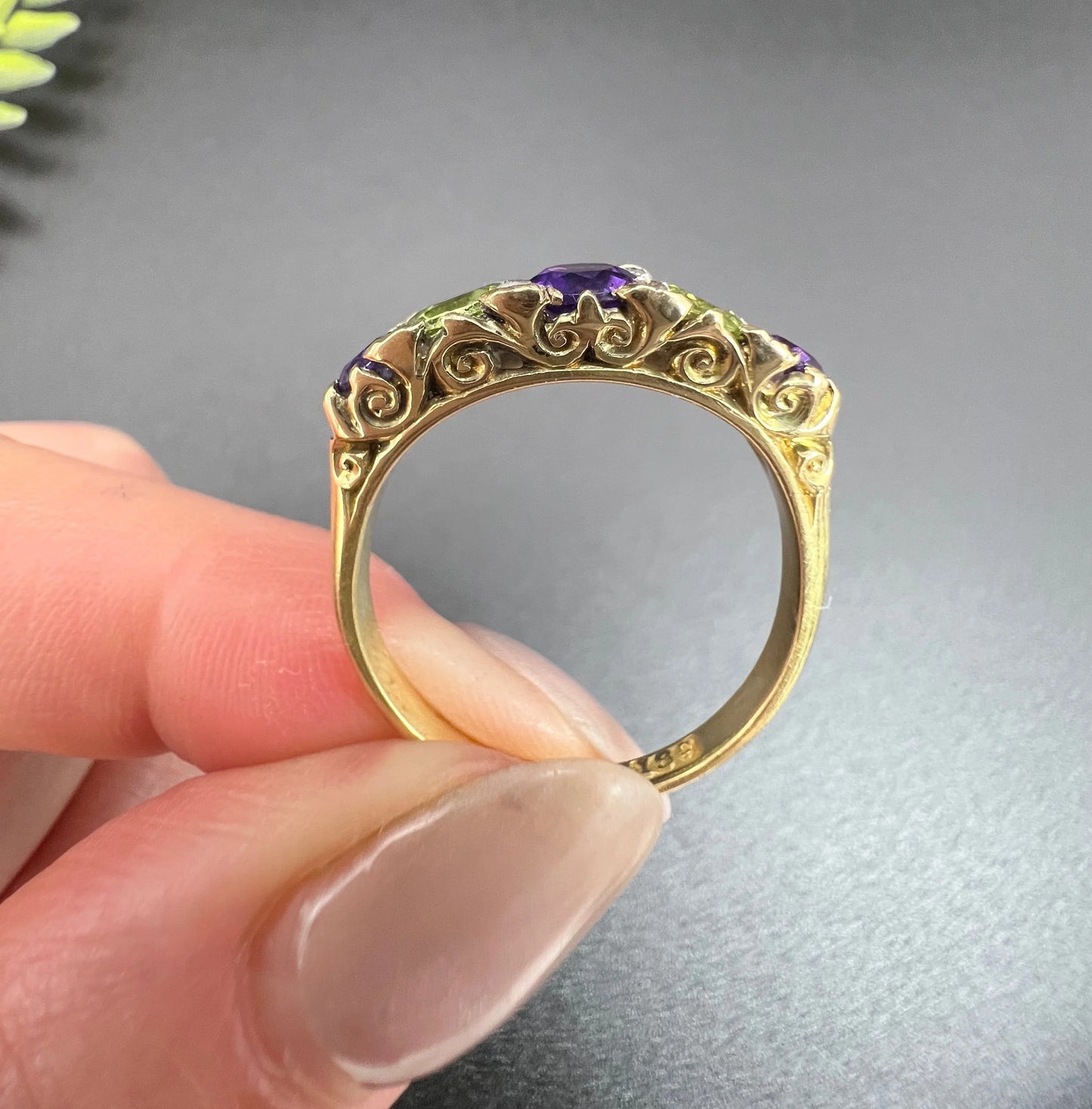 Edwardian Antique Amethyst Peridot and Diamond Carved Suffragette Ring