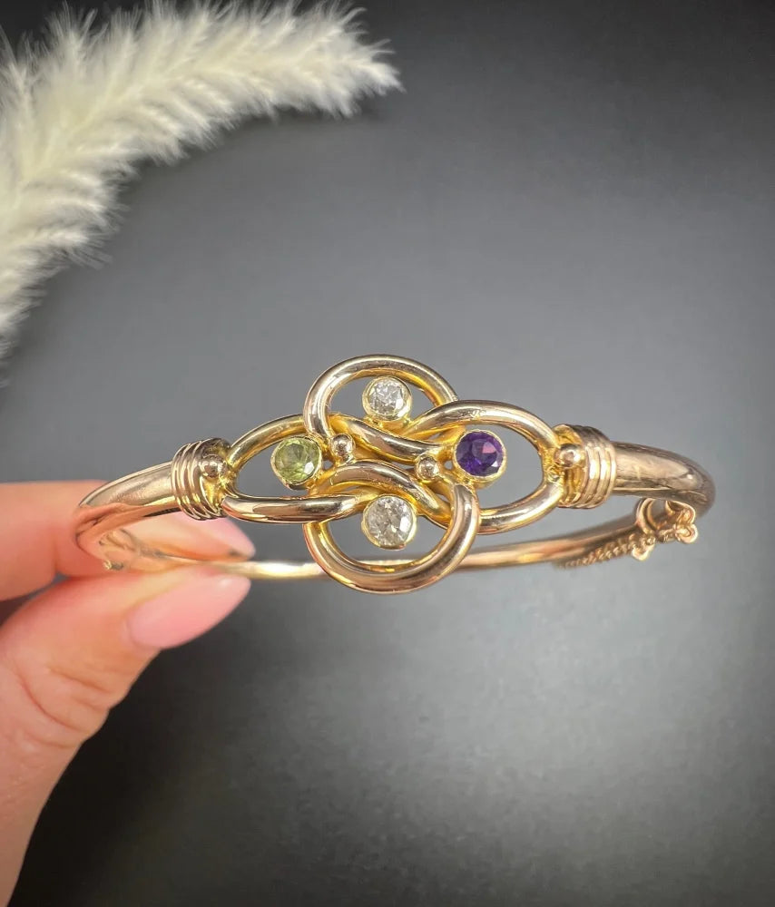 Antique 15 Carat Yellow Gold Suffragette Bangle With Gemstones