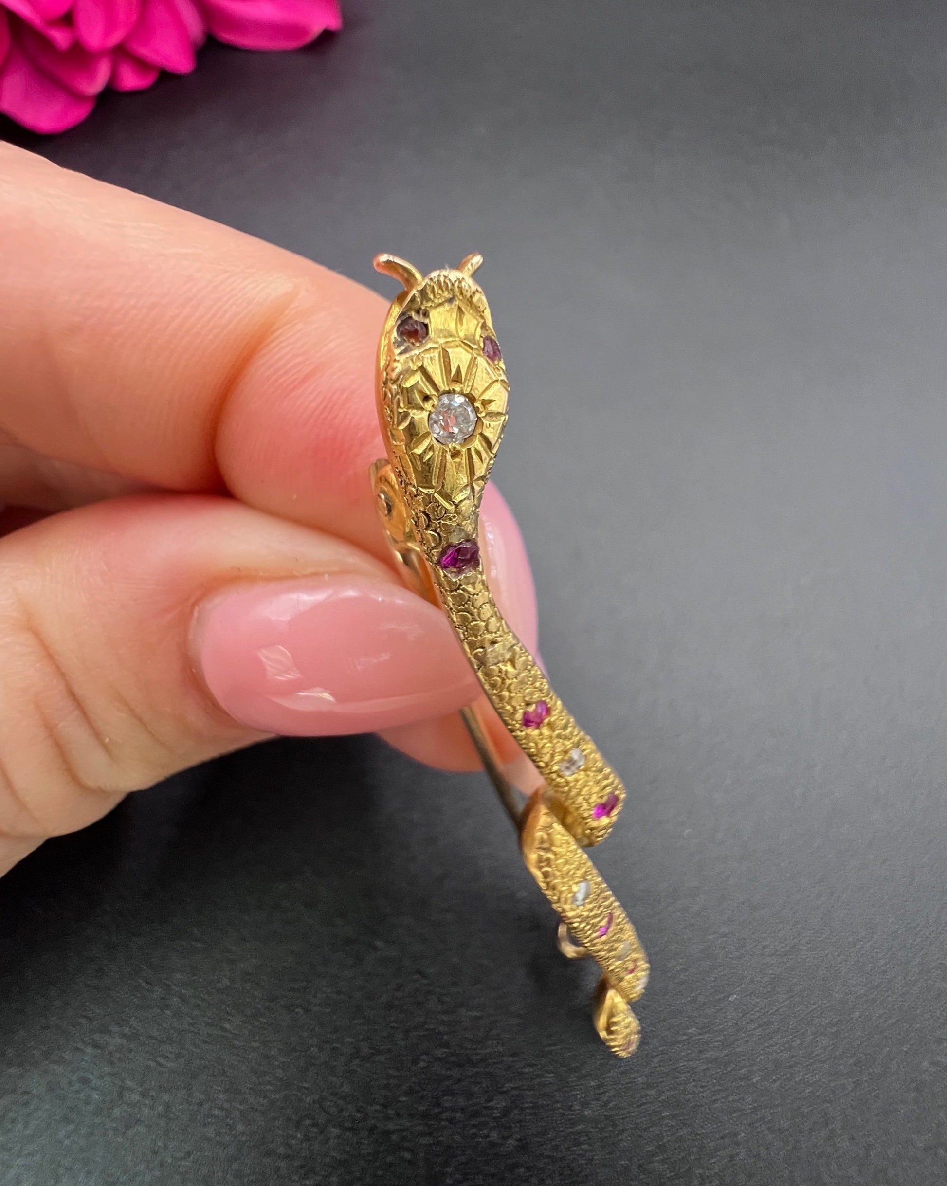 Antique 18ct Gold, Edwardian Ruby & Diamond Snake Brooch
