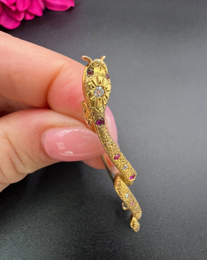 Antique 18ct Gold, Edwardian Ruby & Diamond Snake Brooch
