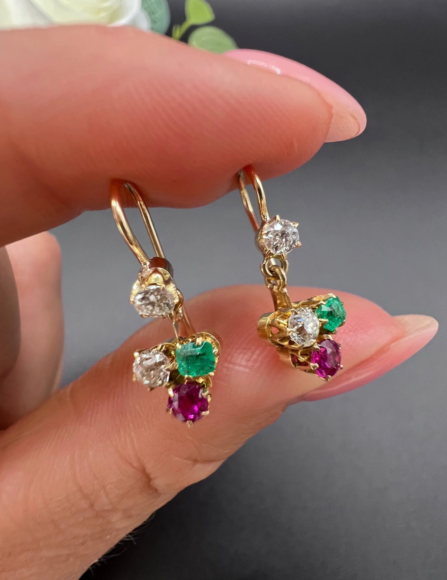 Antique 15ct Gold, Edwardian era Emerald, Ruby & Diamond Clover Earrings