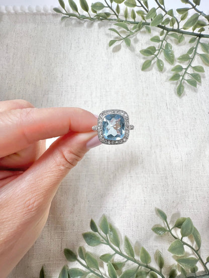 Vintage Platinum 1940s Aquamarine & Diamond Halo Cluster Dress Ring
