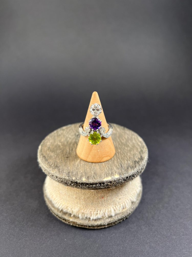 Edwardian Antique Suffragette Amethyst Peridot Diamond Ring
