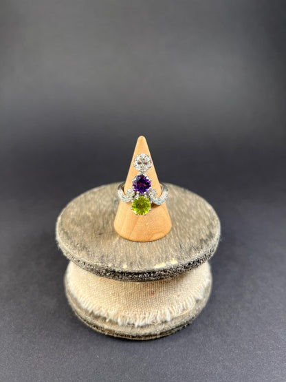 Edwardian Antique Suffragette Amethyst Peridot Diamond Ring