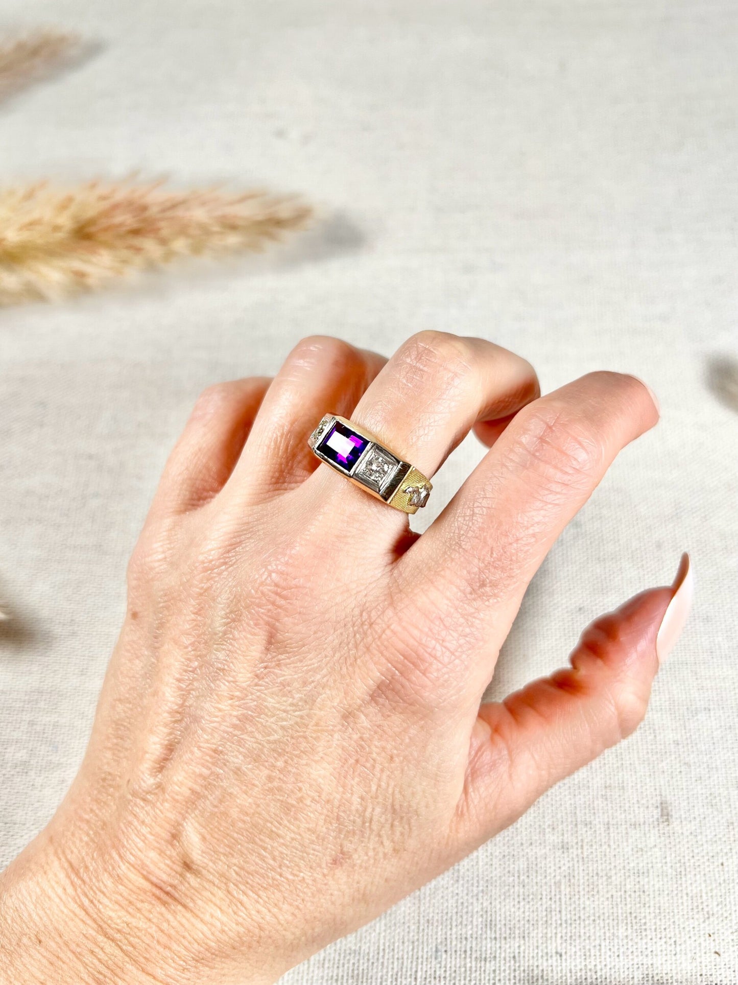 Vintage 18 Carat Gold Amethyst and Brilliant Cut Diamond Fraternity Ring, Circa 1950