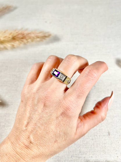 Vintage 18 Carat Gold Amethyst and Brilliant Cut Diamond Fraternity Ring, Circa 1950