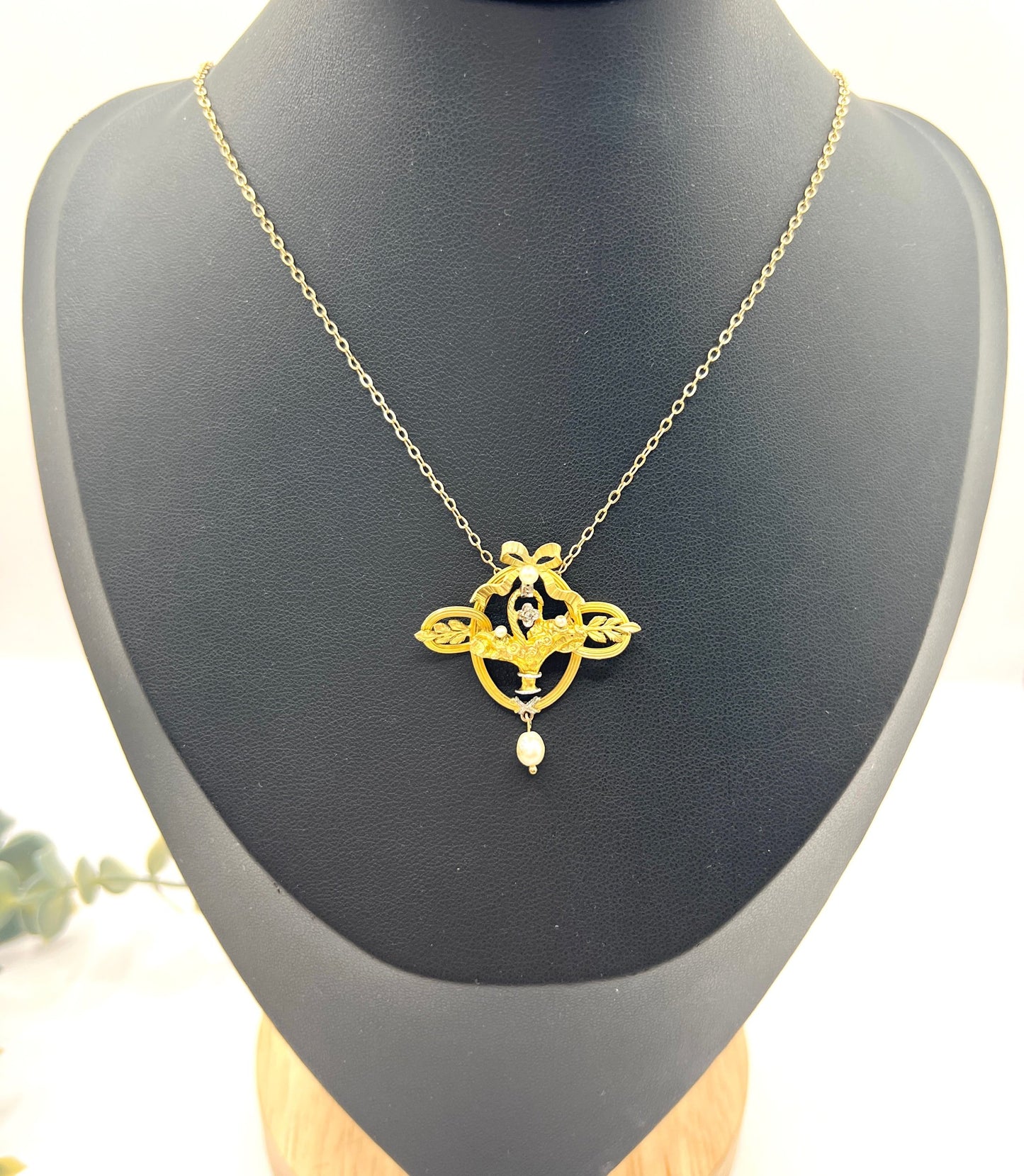 Antique 18 ct Gold, Edwardian Diamond And Seed Pearl Floral Basket Pendant Necklace