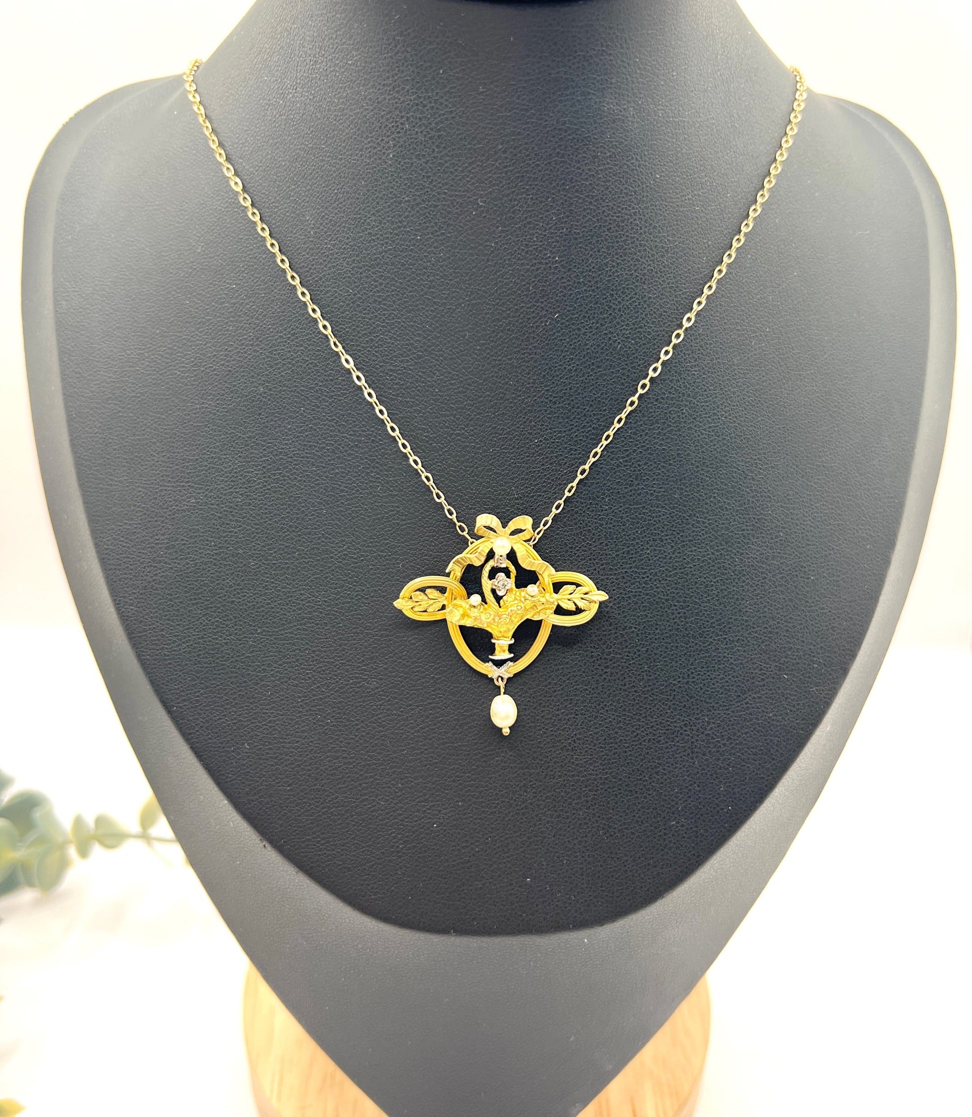 Antique 18 ct Gold, Edwardian Diamond And Seed Pearl Floral Basket Pendant Necklace