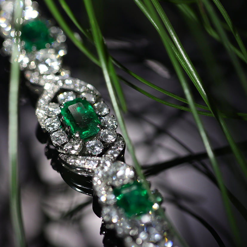 Vintage 1950s Colombian Emerald and Diamond Bracelet in White Gold