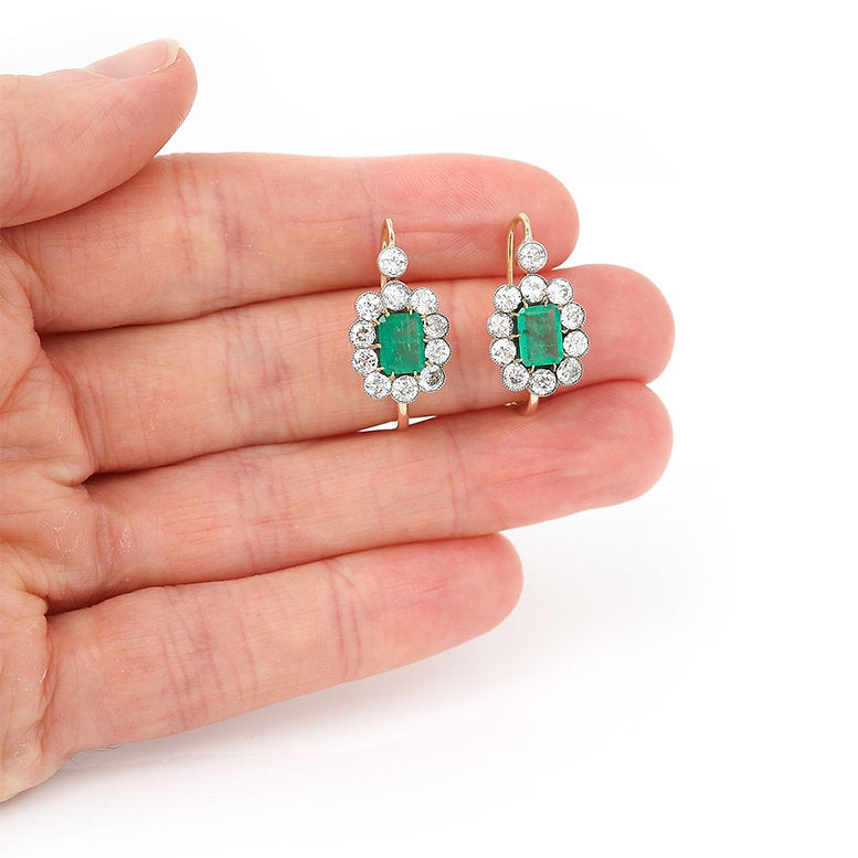 Art Deco 4ct Emerald and Diamond Cluster Drop Earrings