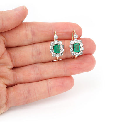 Art Deco 4ct Emerald and Diamond Cluster Drop Earrings