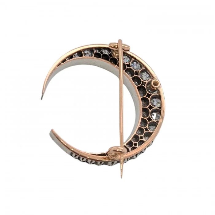 Victorian Antique 7ct Old Cut Diamond Crescent Brooch