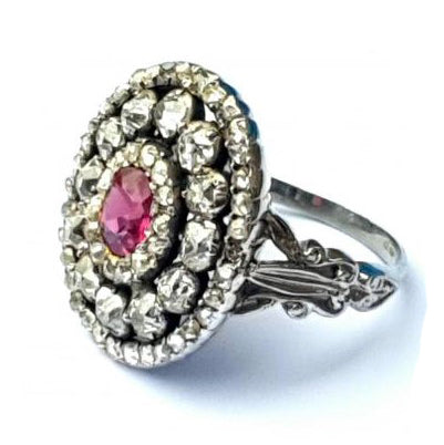 Antique 0.90ct Oval Ruby and 3.40ct Old Mine Cut and Rose Cut Diamond Cluster Dress Statement Ring