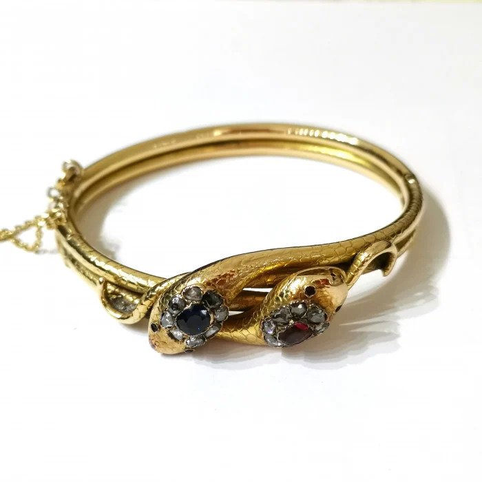Victorian Antique Ruby Sapphire Diamond Gold Double Head Snake Bangle Bracelet