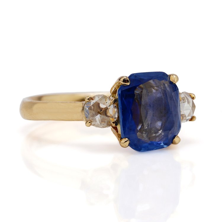 Vintage 2.50ct Cushion Cut Sapphire and Rose Cut Diamond Three Stone Ring
