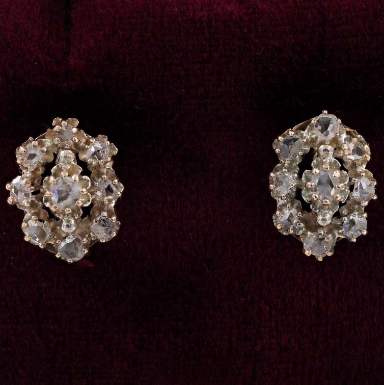 Victorian Antique Rose Cut Diamond Cluster Stud Earrings in 18ct Yellow Gold, floral cluster earrings set with 0.60 carats of rose-cut diamonds, Circa 1880