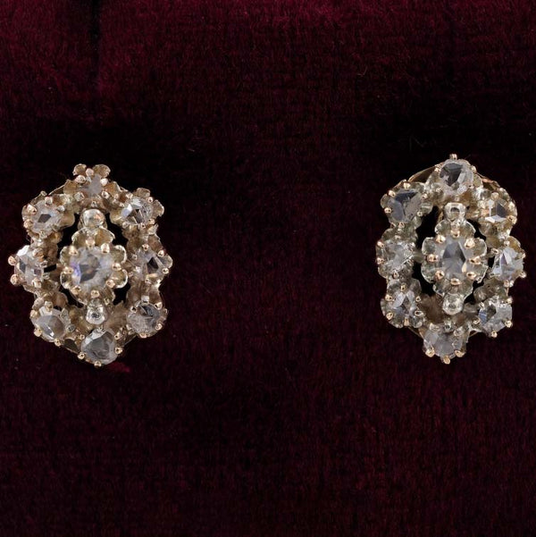 Victorian Antique Rose Cut Diamond Cluster Stud Earrings in 18ct Yellow Gold, floral cluster earrings set with 0.60 carats of rose-cut diamonds, Circa 1880