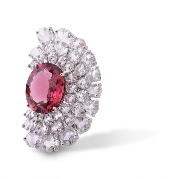 Rubellite and Rose Cut Diamond Earrings, 5.90 carats