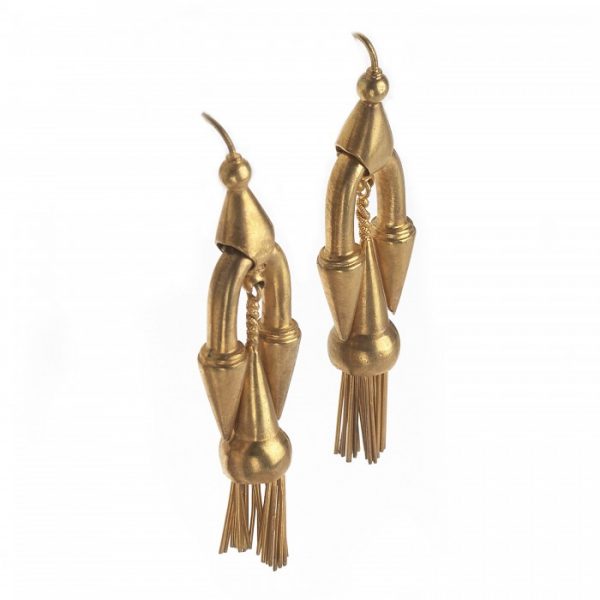 Antique Victorian Gold Etruscan Style Drop Earrings; long pendant drops with fringed tassels, suspended by a spiked curve, hook fittings. English, late 19th century