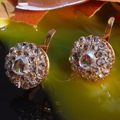 Victorian Antique Rose Cut Diamond Cluster Drop Earrings