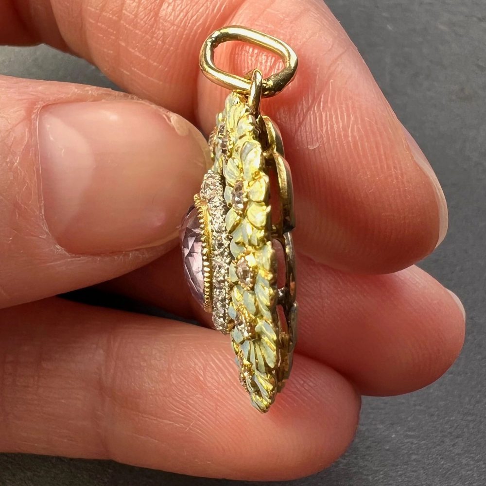 1.70ct Morganite Heart Enamel and Diamond Flower Cluster Pendant