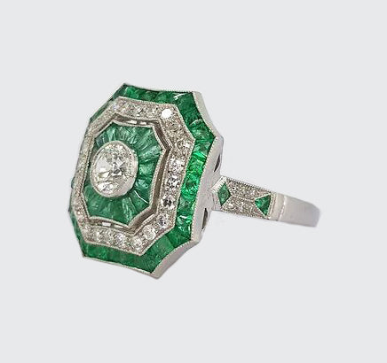 Art Deco Style Emerald, Diamond and Platinum Square-Shaped Cluster Cocktail Ring