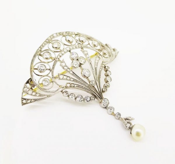 Art Nouveau Natural Pearl and Diamond Brooch, Platinum and Gold