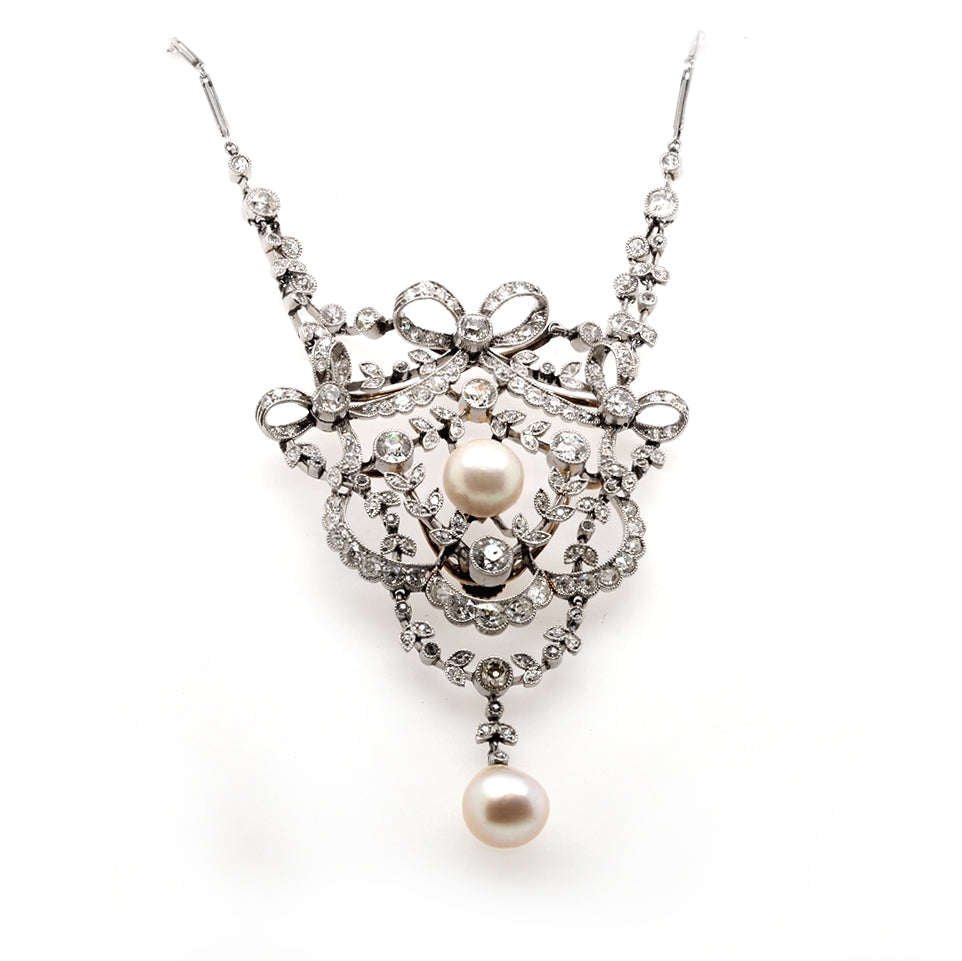 Diamond and Pearl Pendant on Platinum Chain C.1905