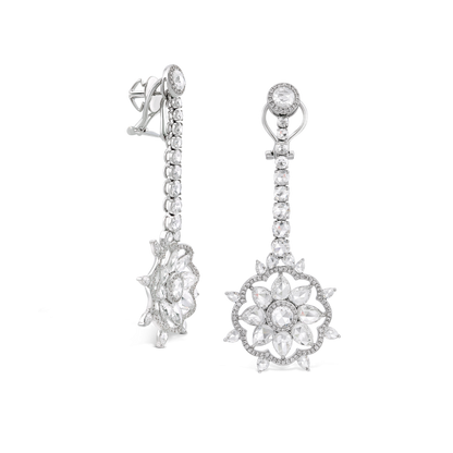 Rose Cut Diamond Cluster Drop Earrings; 12.42 carats, featuring floral clusters suspended from graduating diamond drops, set with 12.42cts round and pear-shaped rose-cut diamonds, accented with numerous round brilliant-cut diamonds