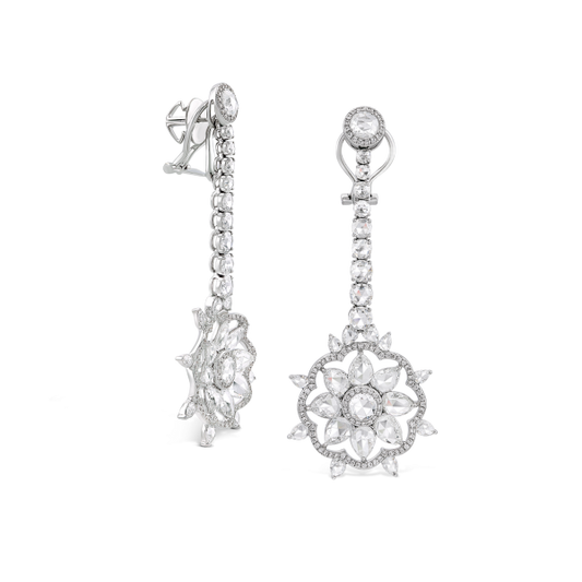 Rose Cut Diamond Cluster Drop Earrings; 12.42 carats, featuring floral clusters suspended from graduating diamond drops, set with 12.42cts round and pear-shaped rose-cut diamonds, accented with numerous round brilliant-cut diamonds