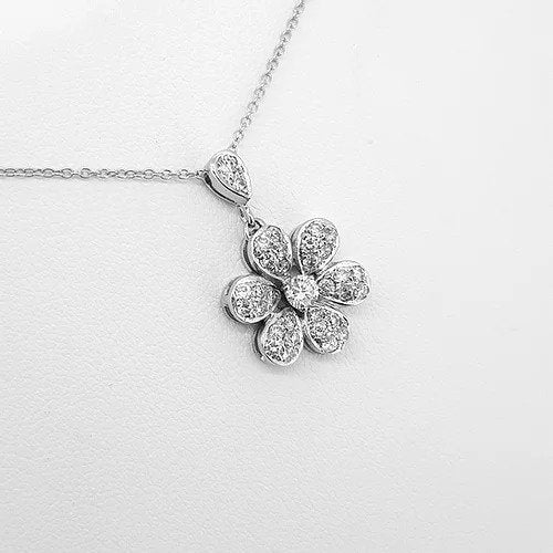 Diamond Daisy Flower Cluster Pendant in 18ct White Gold, 0.85 carats
