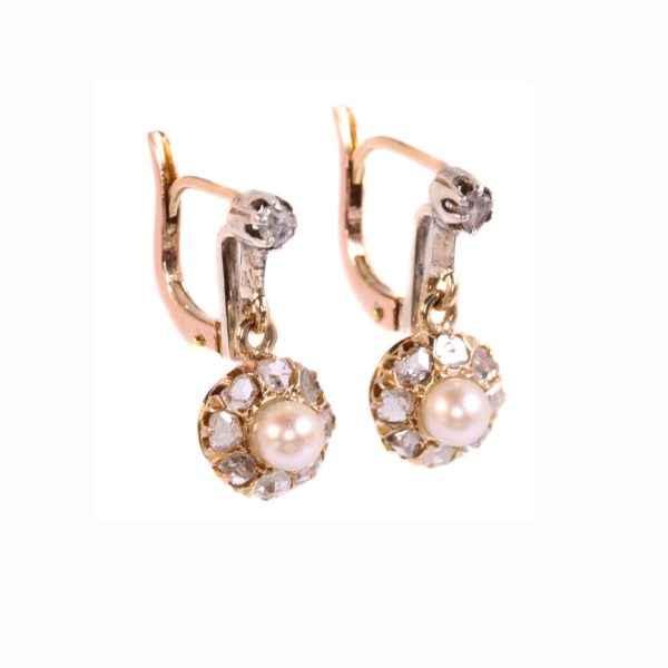 Antique Victorian Pearl and Rose Cut Diamond Earrings, Silver and Gold