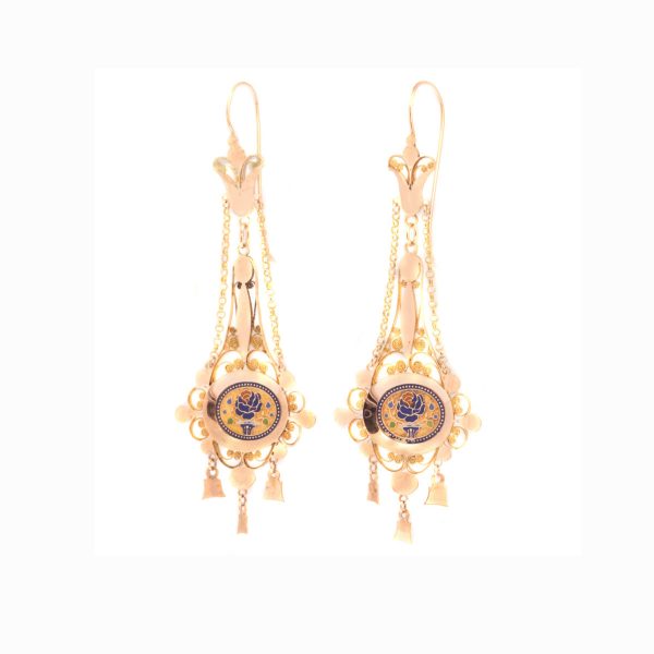 Georgian / Regency Enamel Filigree 18ct Gold Drop Earrings, Circa 1820
