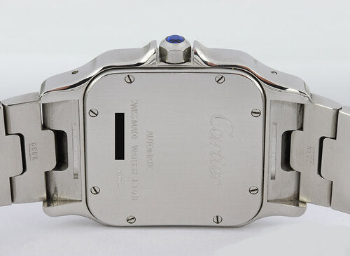 Cartier Santos Galbee 32mm Large Steel and Gold 2823 Automatic, white dial, Roman numerals, blued steel hands, date indicator at 4, sapphire crown, sapphire crystal, stainless steel bracelet with hidden clasp