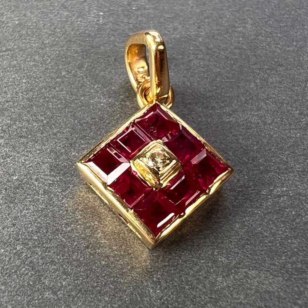 0.96ct Princess Cut Ruby and Diamond Square Cluster Pendant