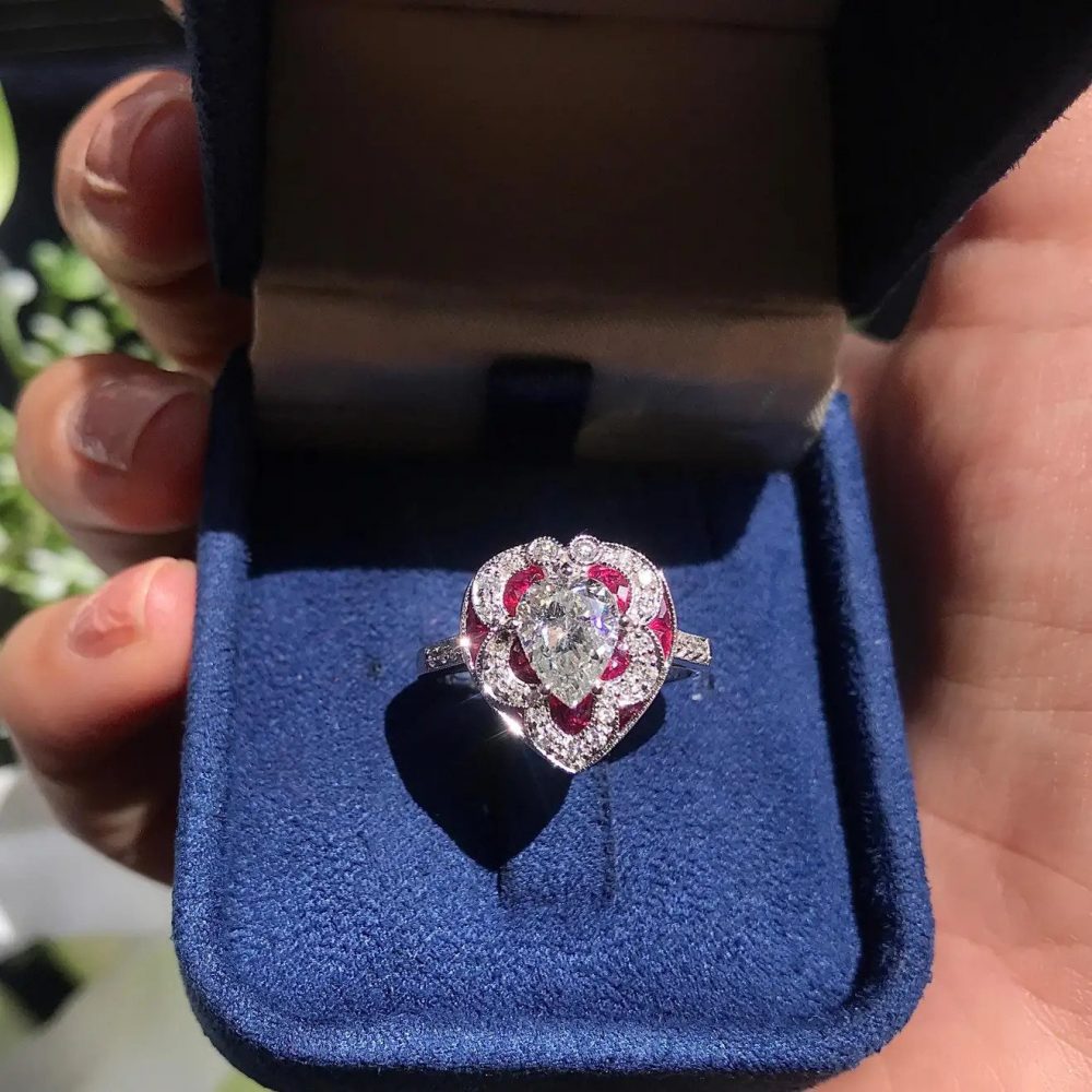 GIA Certified 1.05ct Pear Diamond and Ruby Heart Cluster Ring