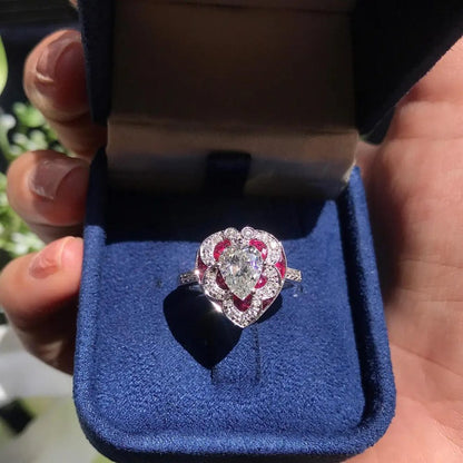 GIA Certified 1.05ct Pear Diamond and Ruby Heart Cluster Ring