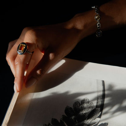Art Deco French Citrine and Black Enamel Ring