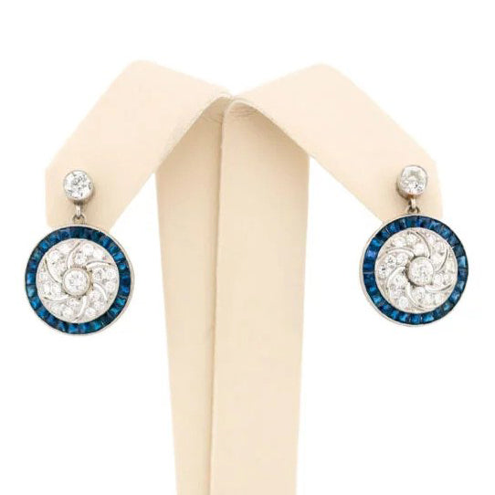 Art Deco Style 1ct Old Mine Cut Diamond and Sapphire Cluster Drop Earrings in Platinum