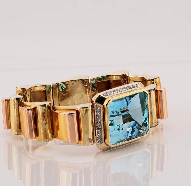 Vintage 51ct Aquamarine Diamond and 18ct Gold Tank Bracelet