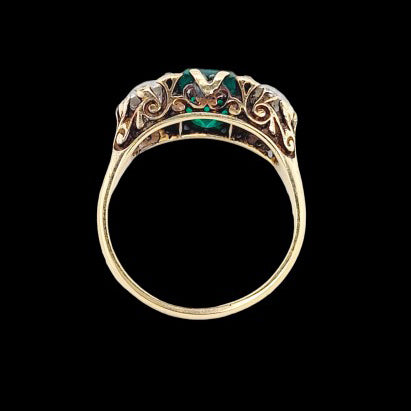 Victorian Antique 1.60ct Colombian Emerald and 2ct Old Mine Cut Diamond Trilogy Three Stone Ring
