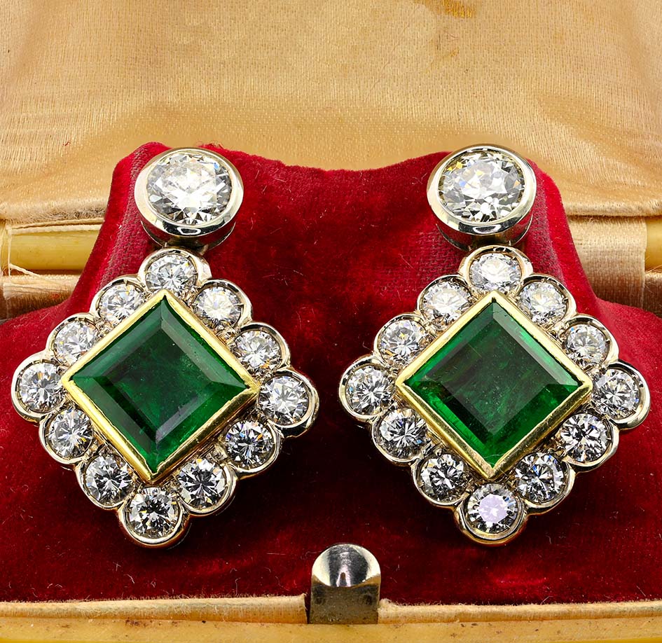 Art Deco 3.54ct Colombian Emerald and 5.75ct Diamond Cluster Drop Earrings