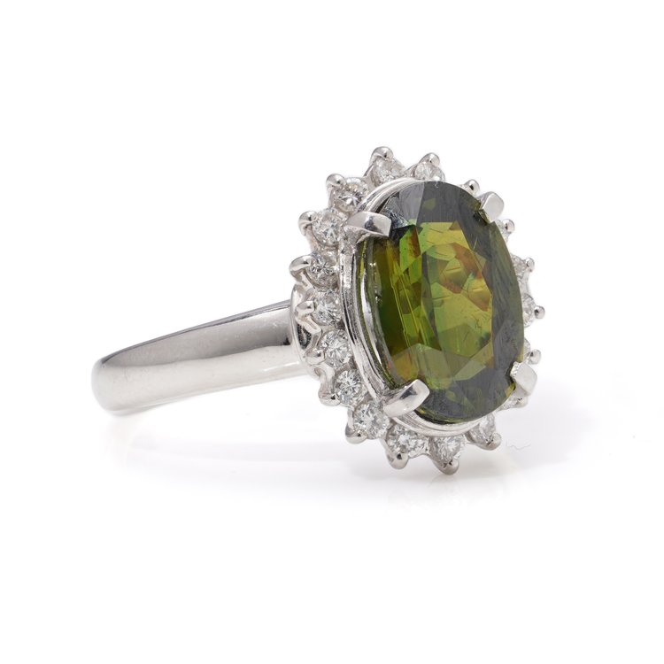 Oval Peridot and Diamond Cluster Ring Platinum