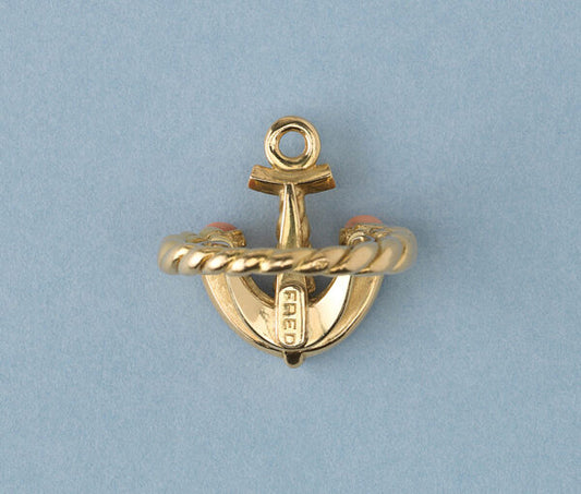 Vintage Gold Anchor Ring with Coral and Lapis Lazuli, Signed Fred of Paris, Circa 1970