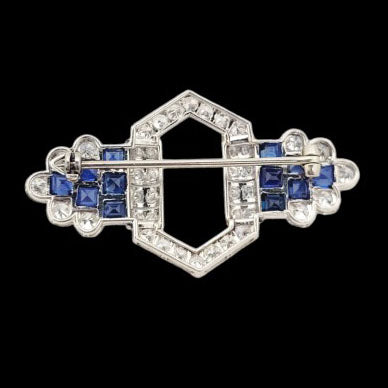 Art Deco Sapphire and Old European and Single Cut Diamond Panel Brooch in Platinum