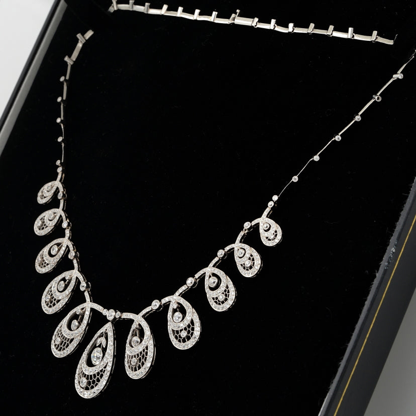 Edwardian Antique 8.50ct Old Cut Diamond Graduated Cluster Drop Necklace in Platinum