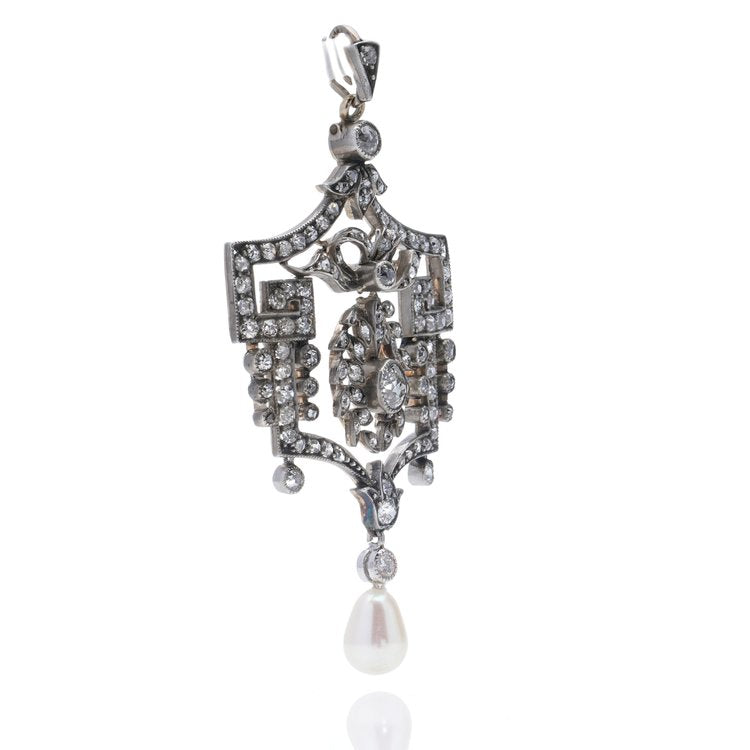 Belle Epoque 1.60ct Old Cut Diamond Pendant with Natural Pearl