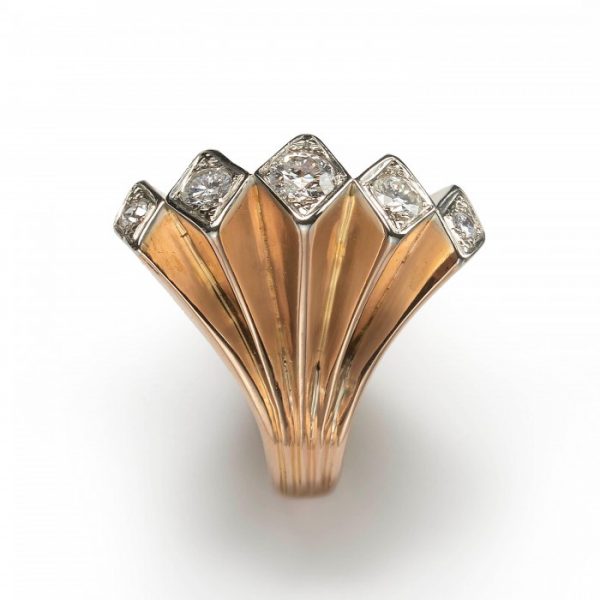 Vintage 1940s Diamond Five Row Fan Cocktail Ring in 18ct Yellow Gold