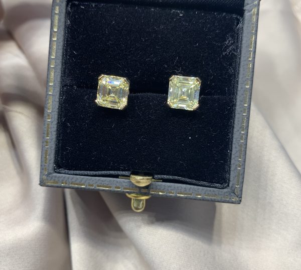 Asscher Cut Yellow Diamond Stud Earrings, 3.24 carat total